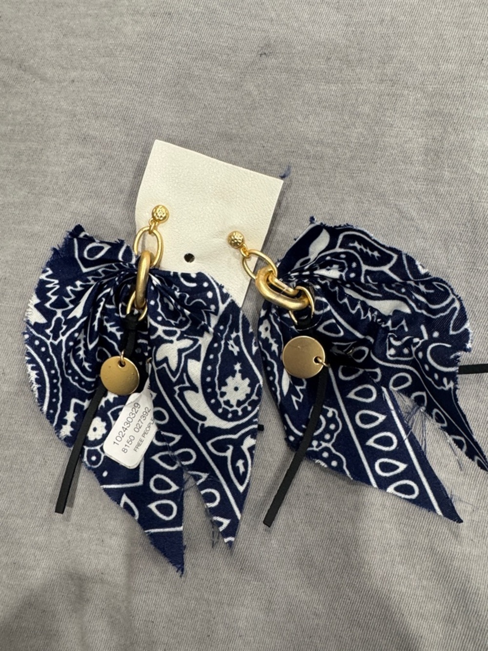 Free people Navy Paisley Bandana Statement Earrings with Gold Accents